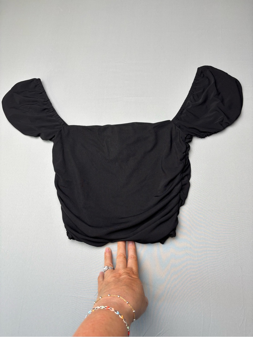 White Fox Black Ruched Puff Sleeve Crop Top XS Romantic Going Out